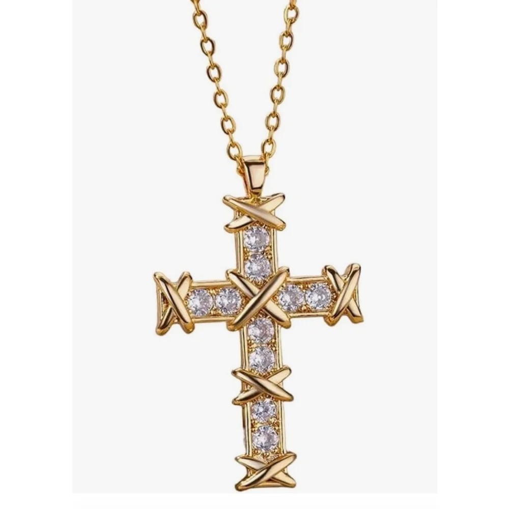 NEW Unisex Men’s 18k Gold Filled Simulated Diamond‎ Cross Necklace, 16-18”
